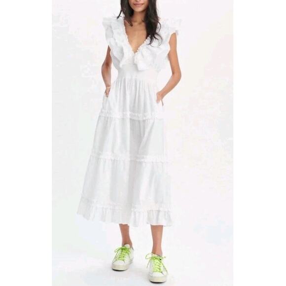 Caroline Constas Cotton Ruffle V-neck White Maxi Dress Size M NEW NWT Cottage - Picture 1 of 9
